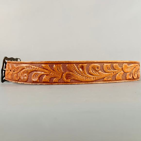 VINTAGE Size M Brown Silver Embossed Leather Western Belt main image 6